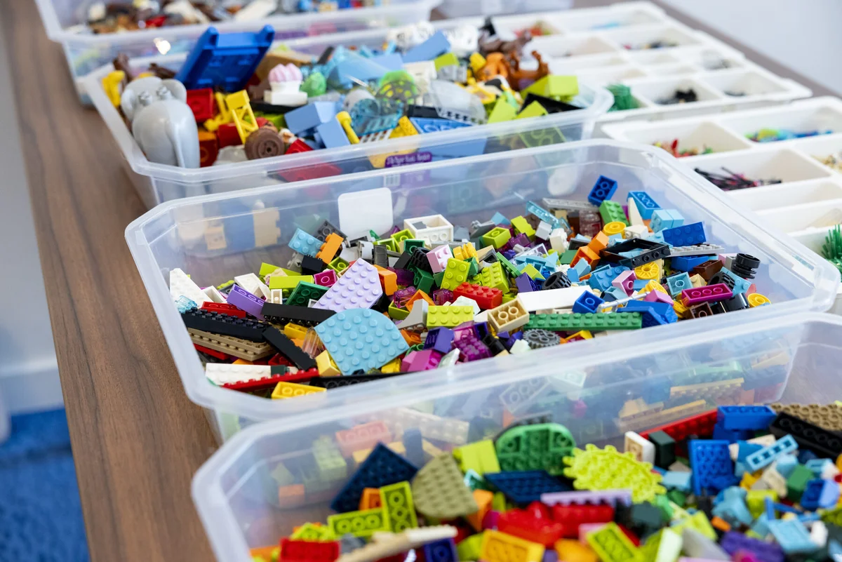 Pre-sorted LEGO Serious Play kit boxes ready for workshop