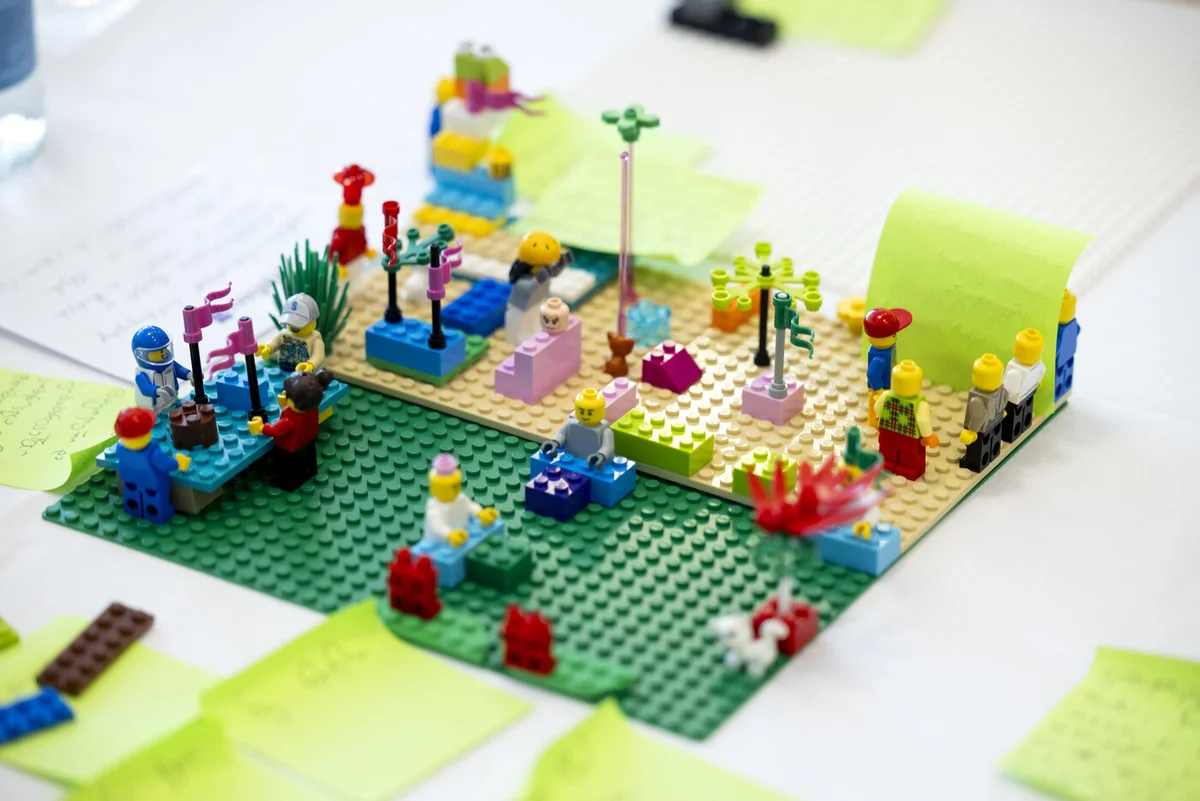 LEGO Serious Play workshop landscape with characters and sticky notes